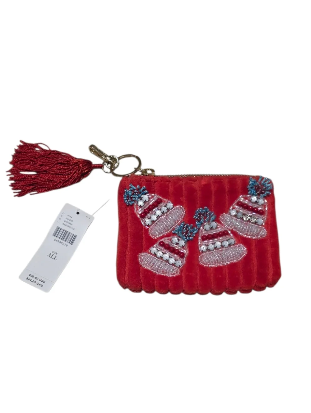 NWT Anthropologie Beaded Quilted Holiday Coin Purse With Tassel Zipper Pull
